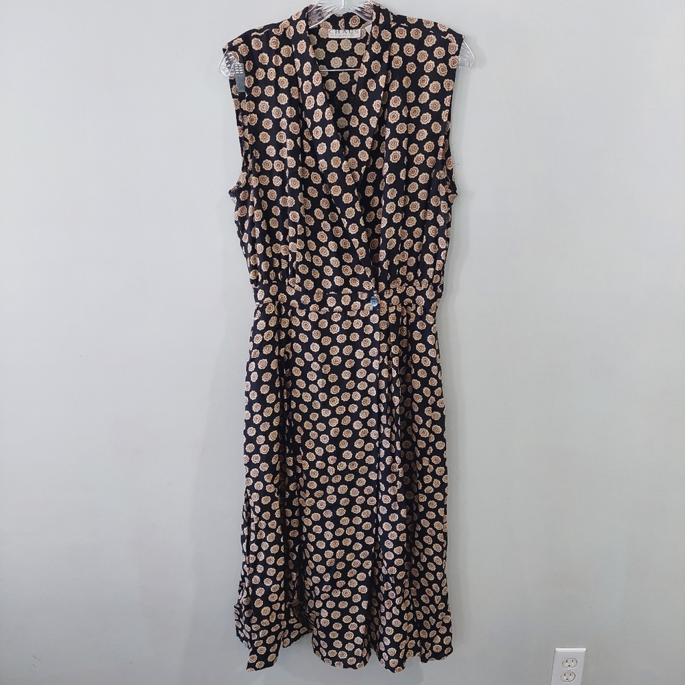 Chaus Vintage Petite Dresses Midi Dress Size 14 calf length black tan Faux Wrap